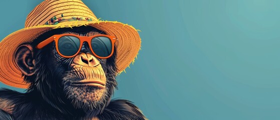 Cool monkey wearing sunglasses and a hat.