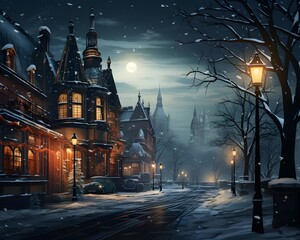 Wall Mural - Winter night in the old town. Landscape of the city.
