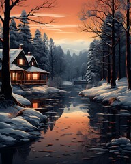 Wall Mural - Winter landscape with a cottage in the forest and a river at sunset