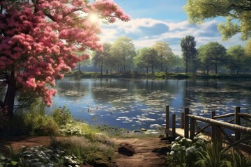 Wall Mural - Spring lake landscape outdoors blossom.