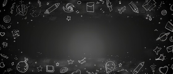 Black chalkboard background with white hand-drawn doodles of school supplies, stars, and planets. Back to school