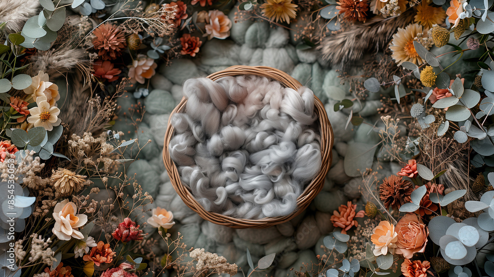 Digital background for newborn photos with empty fluffy round Moses' bed.