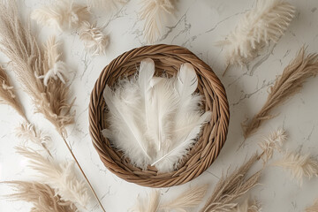 Wall Mural - Digital background for newborn photos with empty fluffy round Moses' bed.