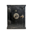 © Jenjira - Vintage black metal safe with combination lock and handle, isolated on transparent background, displaying wear and age.
