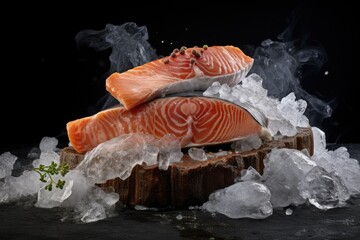 Two fresh salmon fillets on a bed of ice, ready to be prepared for a delicious meal