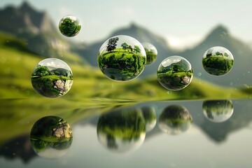 A series of floating orbs, each a miniature world with its own unique landscape