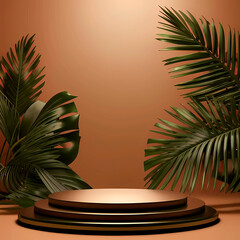 Wall Mural - Bronze podium surrounded by green palm leaves on a bronze background