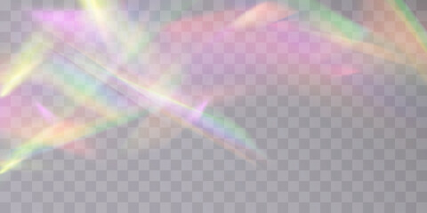 Leinwandbilder - Rainbow effect of blurred light refraction. Light lens prism effect on a transparent background. Vector abstract illustration.