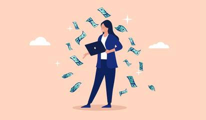 Leinwandbilder - Woman with computer making money - Businesswoman freelancer standing holding laptop, earning and getting salary and return on investment from online and internet work. Flat design vector illustration