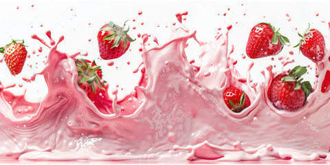 Strawberry Milk Beverage Floating in 3D on White Background