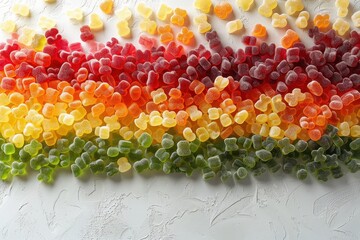 An array of gummy bears in a mix of red, green, yellow, and orange, spread out on a white background. 