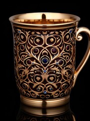 Wall Mural - Ornate golden coffee mug with intricate floral pattern