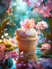 Canvas Print - Whimsical floral cupcake with sparkling bokeh