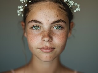 Poster - Captivating portrait of a young woman with freckles and flowers