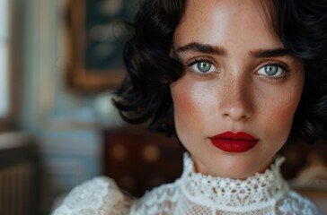 Sticker - Captivating woman with striking green eyes and red lips