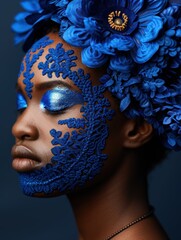 Wall Mural - Artistic portrait of a woman with blue floral makeup