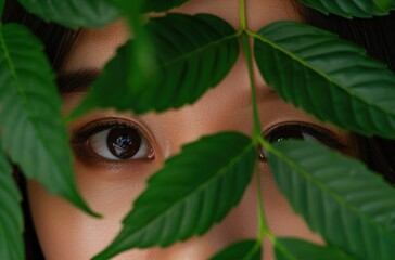 Wall Mural - Mysterious eyes peeking through lush green leaves