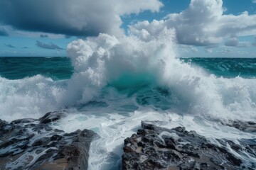 Wall Mural - Powerful ocean wave crashing against rocks