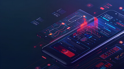 Wall Mural - application of smartphone with business graph and analytics data on isometric mobile phone. analysis