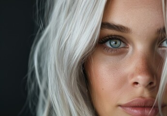 Wall Mural - close up of a woman's face with blonde hair and blue eyes