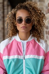 Poster - Stylish young woman with curly hair wearing sunglasses and a colorful jacket