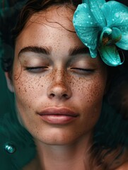 Canvas Print - Peaceful woman with freckles and flower in hair