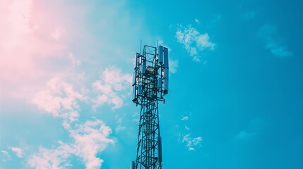  telecommunication tower equipped with 5G antennas, set against a clear and bright blue sky, showcasing the advancement in mobile network technology