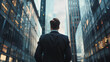© suldev - back of businessman in suit with business office glass modern buildings background for economic market stock investment, financial freedom portfolio or company profit and strategy growth IPO banner