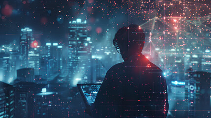 Big data, digital technology, internet network connection, futristic technology background. Man using mibile phobe and laptop and smart city