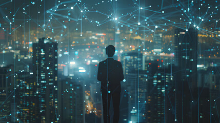 Big data, digital technology, internet network connection, futristic technology background. Man using mibile phobe and laptop and smart city