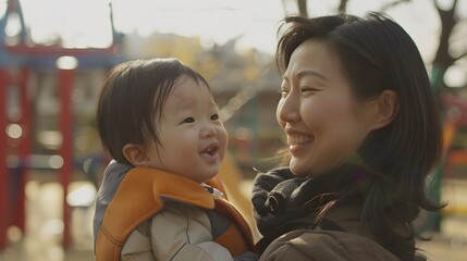 Happy Asian mother and daughter having fun outdoor - Chinese family people spending time together outside - Love, relationship and parenthood lifestyle concept . 