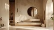 © The 2R Artificiality - Contemporary bathroom decor featuring round mirror on beige wall elegant accessories in stylish home design