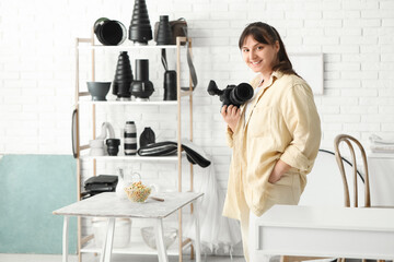 Poster - Female food photographer shooting cereal rings with milk in studio