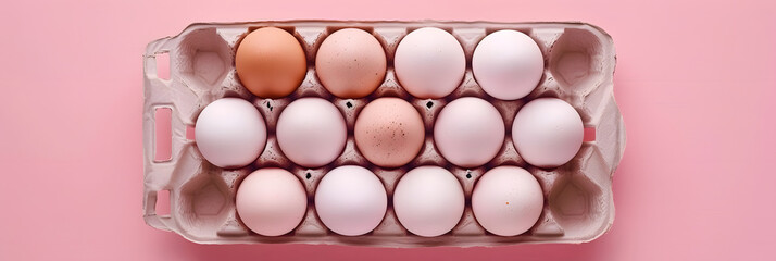 Sticker - Organic eggs in a carton tray are showcased on a pastel pink background highlighting the zero waste concept The flat lay style creates a visually appealing copy space image