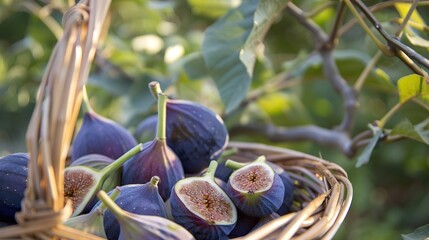 Wall Mural - Fig basket in detail, close-up, variety of figs, warm evening light, blurred greenery 