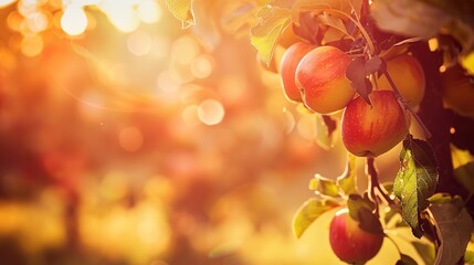 Sticker - Sunlit apples hanging from tree, close focus, bright reds and yellows, blurred orchard behind 