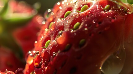 Sticker - Ripe strawberries in early summer, close-up, bright reds and greens, morning dew 