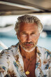 © ALL YOU NEED studio - tanned skin, hot and attractive blonde oldmoney style middle aged man billionaire , wearing a luxurious summer white shirt. Looking at camera with piercing and sensual gaze. yacht background