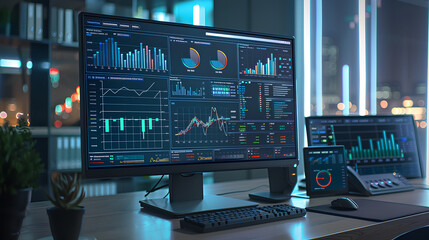 Wall Mural - computer monitor displaying an abstract network monitoring dashboard with real-time data analytics, 