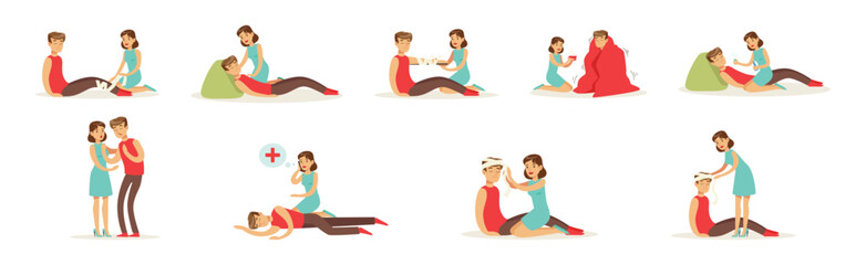 Canvas Print - Woman Help Man as Emergency First Aid and Rescue Scene Vector Set