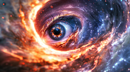 Wall Mural - cosmic eye in galaxies swirls, spiritual stardust cosmic energy universe fantasy vision effect on wh