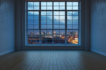 Wall Mural - Large window see city in midnight architecture illuminated transparent.