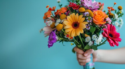 Close-up of a bouquet in hand, vibrant and colorful flowers, light blue background, fresh and detailed, bright setting