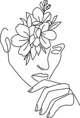 Wall Mural - Woman Head with Flowers Line Vector Drawing. Style Template with Female Face with Flowers. Modern Minimalist Simple Linear Style. Beauty Fashion Design	