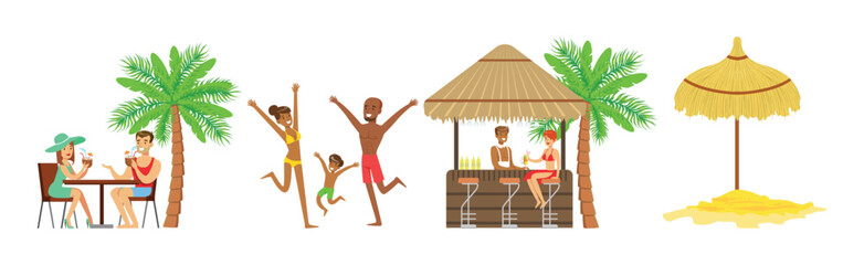 Wall Mural - Man and Woman at Resort Enjoy Summer Beach Rest Vector Set