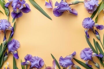 Wall Mural - Purple Iris Flowers Frame on Light Yellow Background for Spring Floral Design and Copy Space