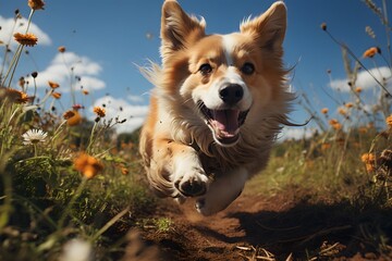 Illustration of a dog running happily in a green field. The beautiful blue sky, floating white clouds are bright and pleasing colors that make you feel rejuvenated, refreshed, joyful, and comfortable.