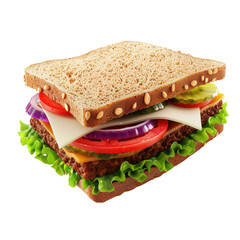 Delicious fresh sandwich with lettuce, tomato, cheese, and onions, perfect for a healthy lunch or snack.