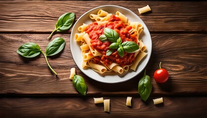 Wall Mural - Dried pasta fettuccine with tomato sauce and fresh basil leaves on wooden table background.
