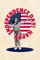 Poster - Photo collage artwork minimal picture of cool funny lady dancing celebrate 4th july isolated creative background